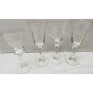 Etched Leaf Cordial Glass Liqueur Barware Mid Century Stemware Wedding Four